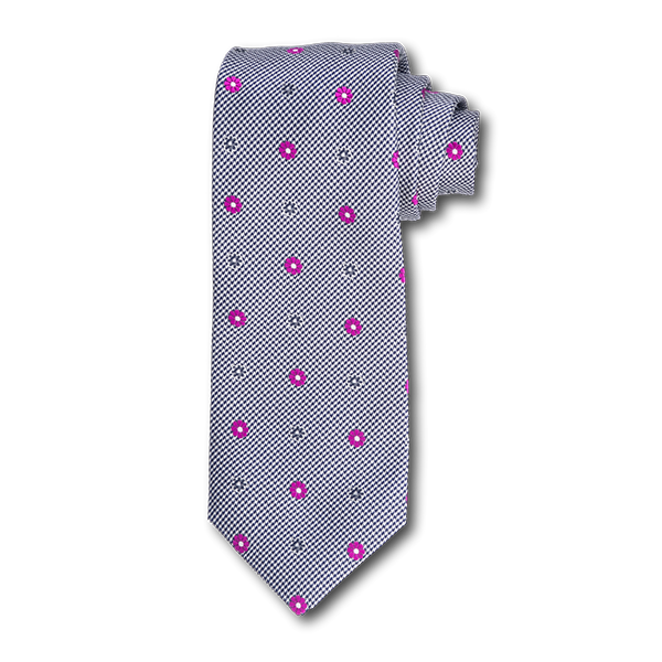 Carlo Franco Black And White Houndstooth With Hot Pink Floral Neat Seven Fold Tie