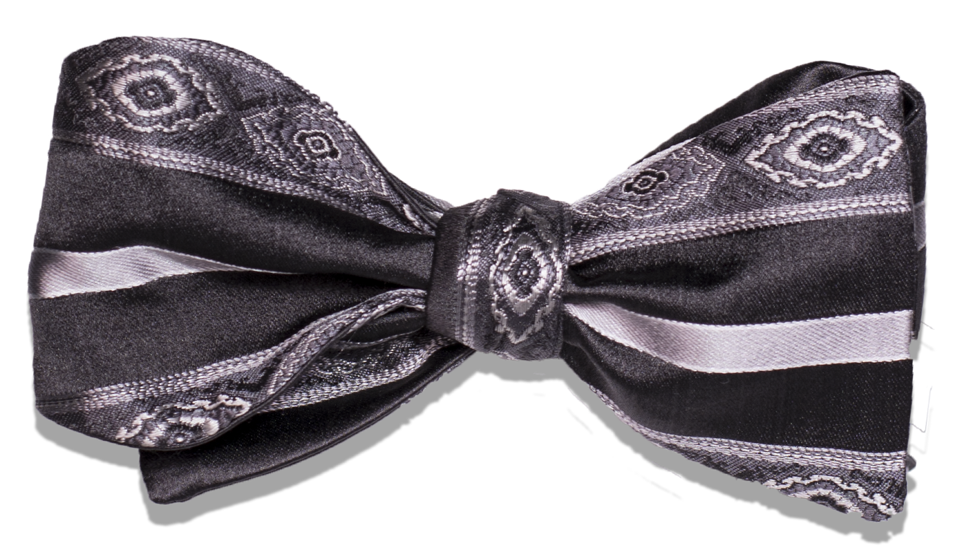Pozallo Bow Tie - Our most elegant formal tie of dark gray (black?) with silver stripes and medallions.