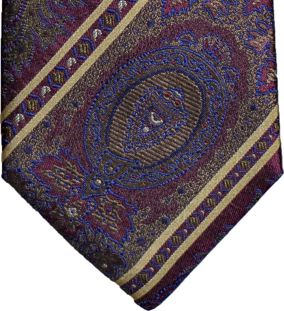 Graniti - Burgundy wine with Yellow Stripes and navy,blue and olive accented Woven Silk Bow Tie
