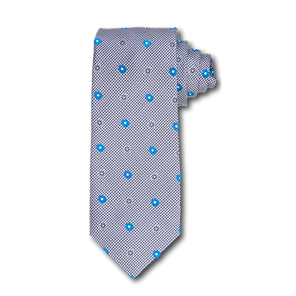 Carlo Franco Black And White Houndstooth With Bright Teal Blue Floral Neat Seven Fold Tie