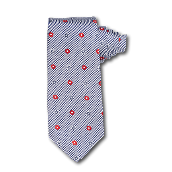 Carlo Franco Black And White Houndstooth With Red Floral Neat Seven Fold Tie