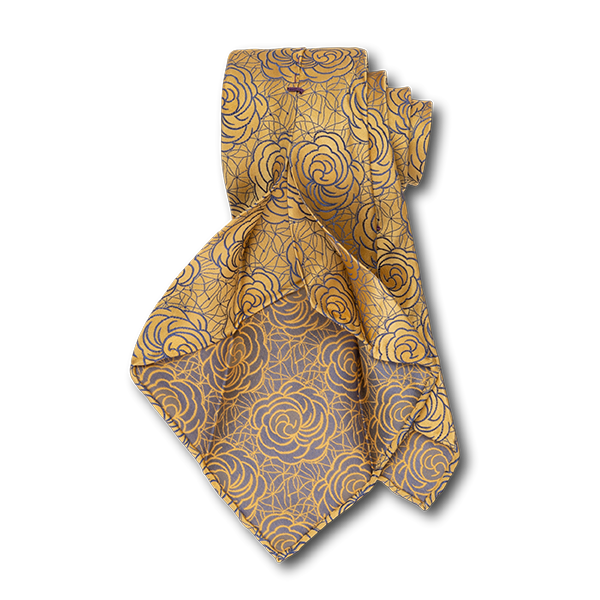Carlo Franco Satin Floral - Yellow W Medium Blue Unlined Seven Fold Tie