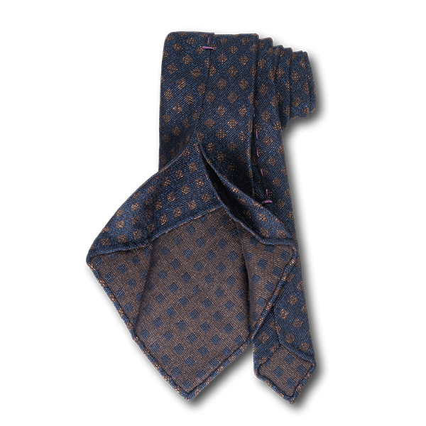 Carlo Franco Woven Linen And Silk In Navy W Brown Square Neat Unlined Seven Fold Tie