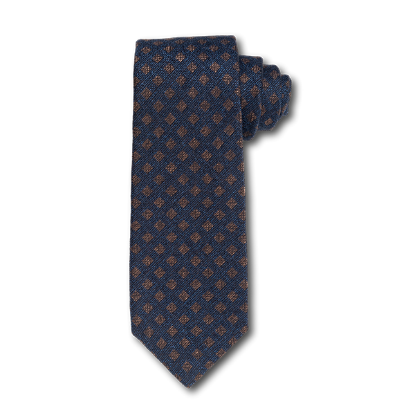 Carlo Franco Woven Linen And Silk In Navy W Brown Square Neat Seven Fold Tie