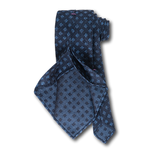 Carlo Franco Woven Linen And Silk In Navy W Light Blue Square Neat Unlined Seven Fold Tie