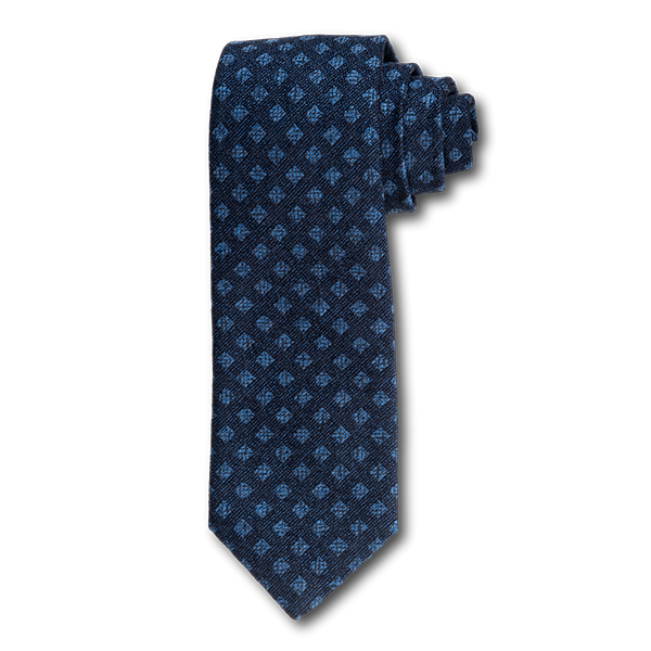 Carlo Franco Woven Linen And Silk In Navy W Light Blue Square Neat Seven Fold Tie