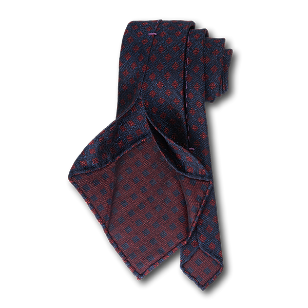 Carlo Franco Woven Linen And Silk In Navy W Red Square Neat Unlined Seven Fold Tie