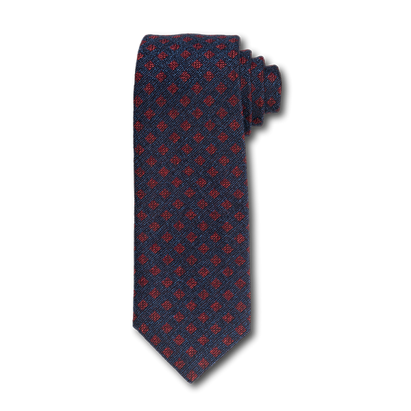 Carlo Franco Woven Linen And Silk In Navy W Red Square Neat Seven Fold Tie