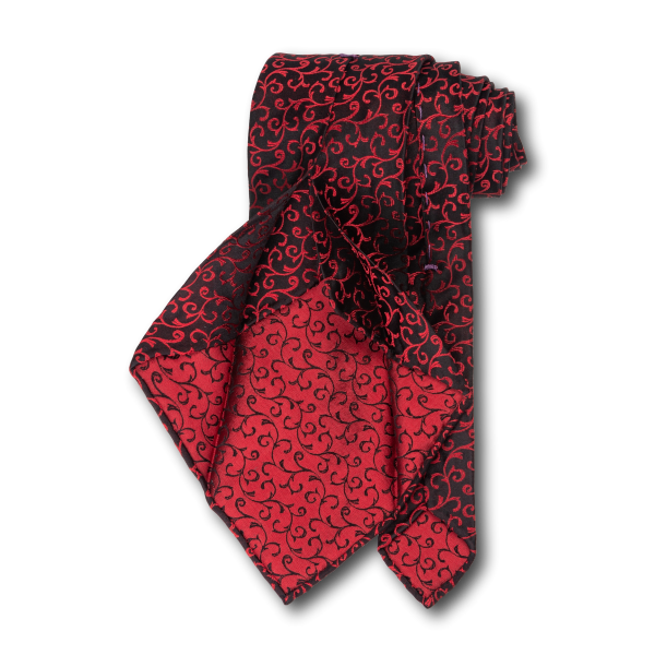Carlo Franco Black Satin Field with Red Swirls Unlined Seven Fold Tie