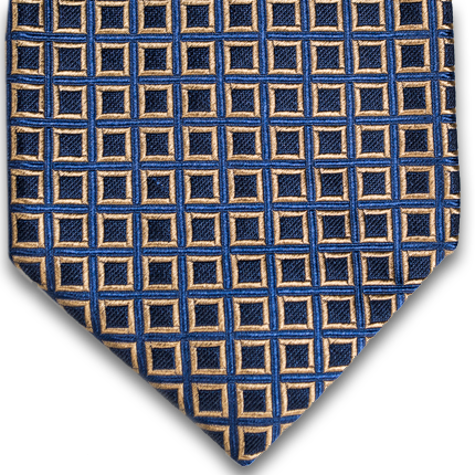 Blue, gold and black squares of woven silk.