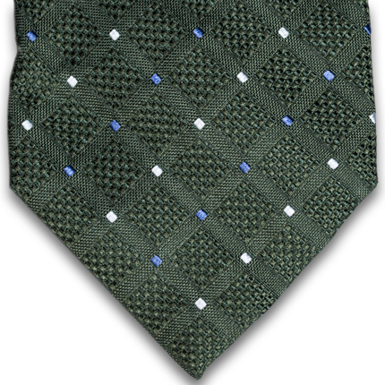 Bottle green with blue neat seven fold woven silk tie