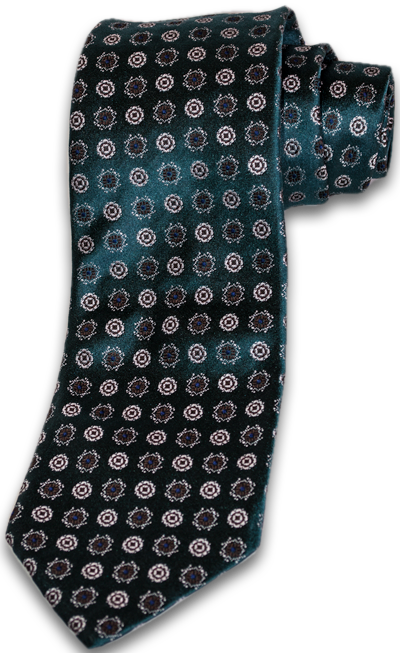 Catania - Green Satin Silk with brown tan and blue Floral pattern