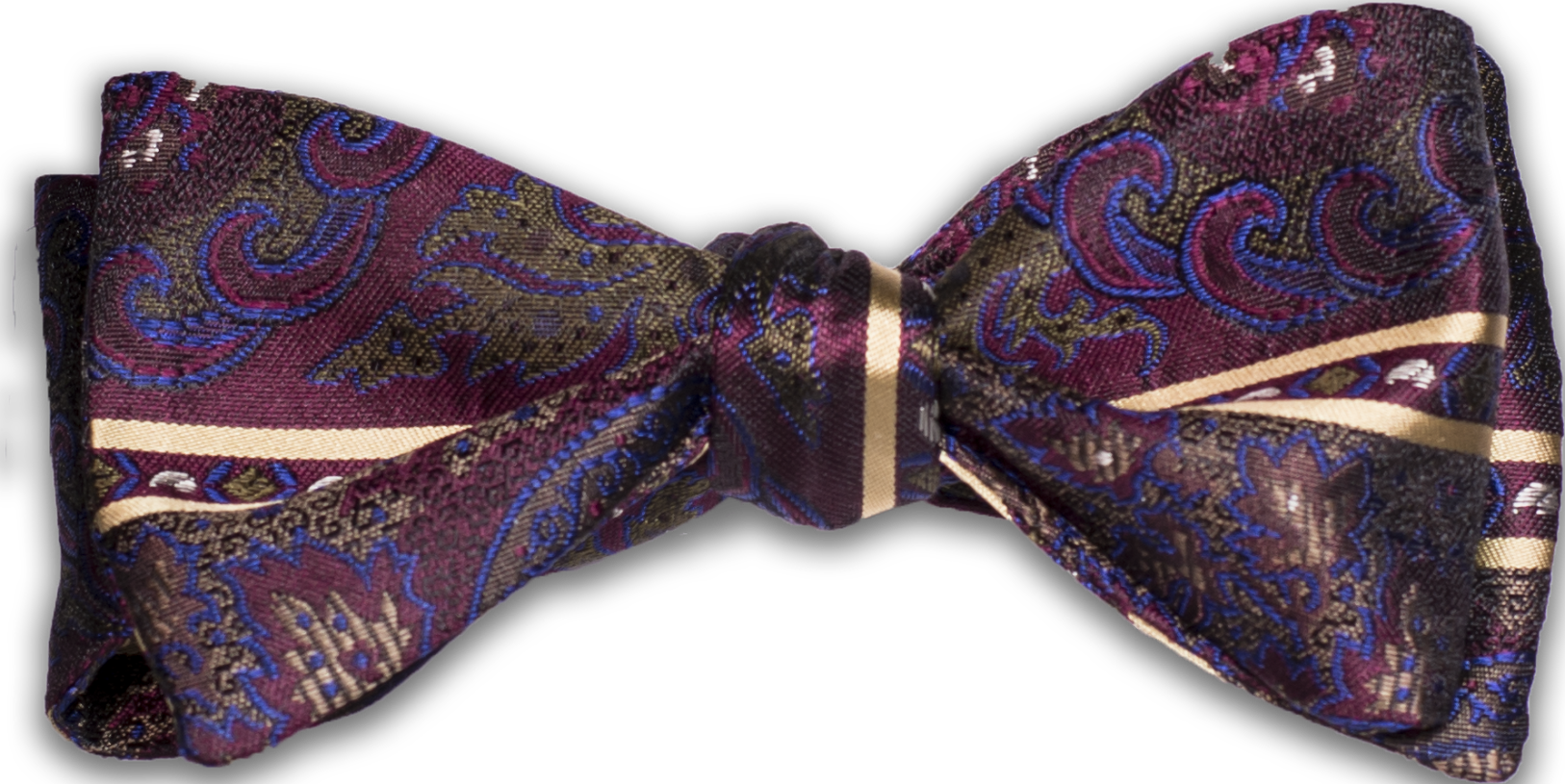 Graniti - Burgundy wine with Yellow Stripes and navy,blue and olive accented Woven Silk Bow Tie