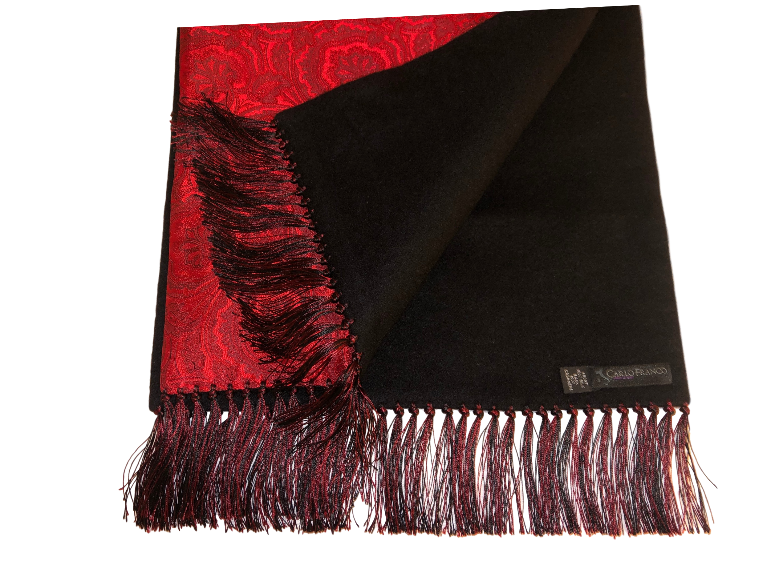 Silk-lined Cashmere Scarf - Red Paisley with Black