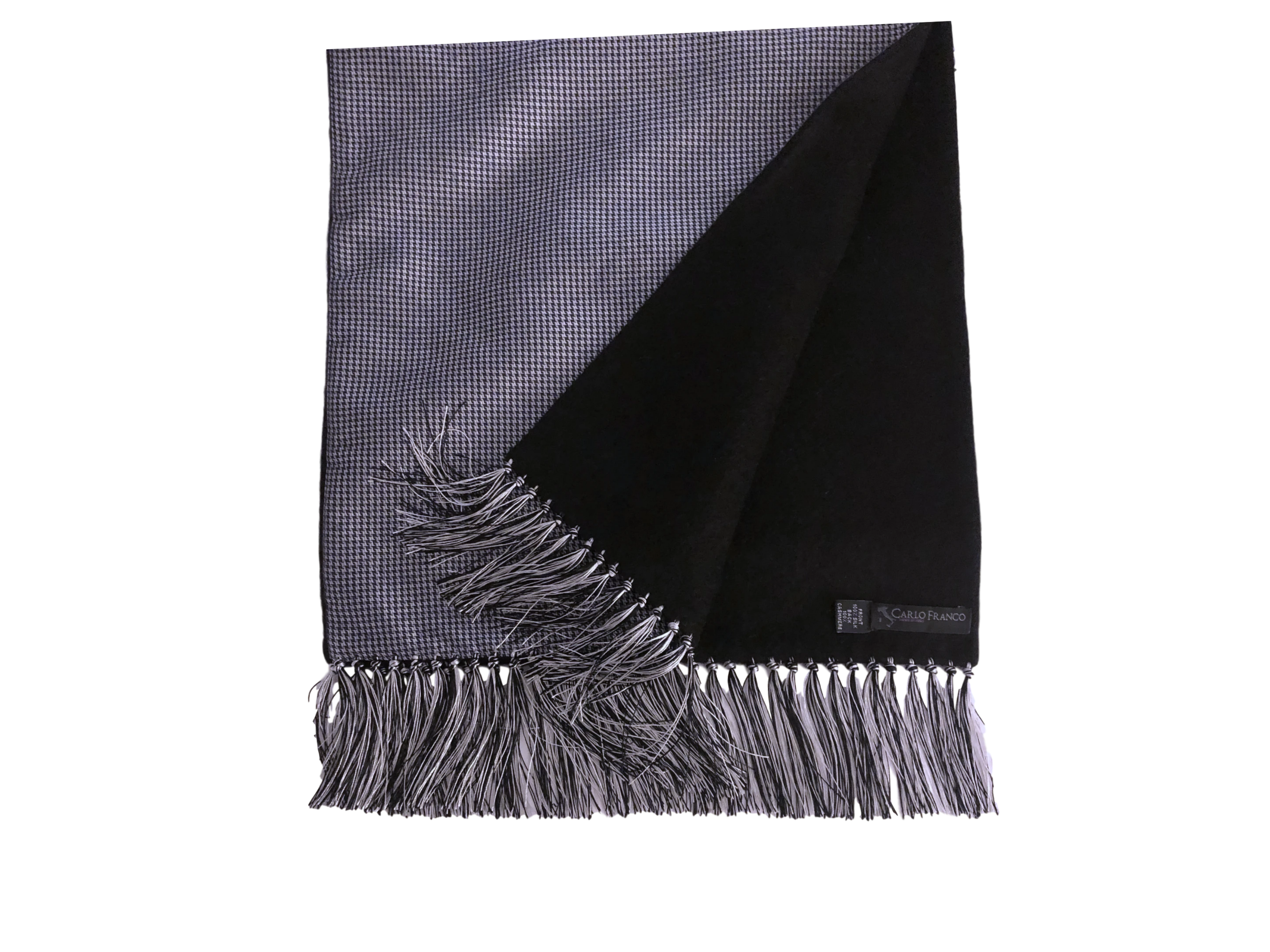 Silk-lined Cashmere Scarf - Black & White Houndstooth with Black