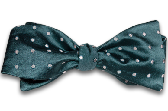 Marsala - Bottle Green Satin Silk Self Tie Bow Tie with Silver Polka Dot Pattern