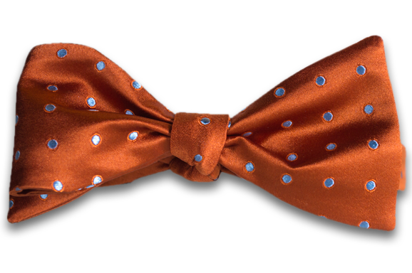 Marsala - Orange Satin Silk Self Tie Bow Tie with Light Silver Blue Polka Dot Pattern