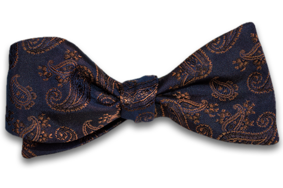 Messina - Navy Blue Woven Silk with Copper Brown Paisley Self Tie Bow Tie