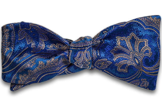 Modica - Blue Silk Self Tie Bow Tie with Blue and Gold Woven Paisley Pattern