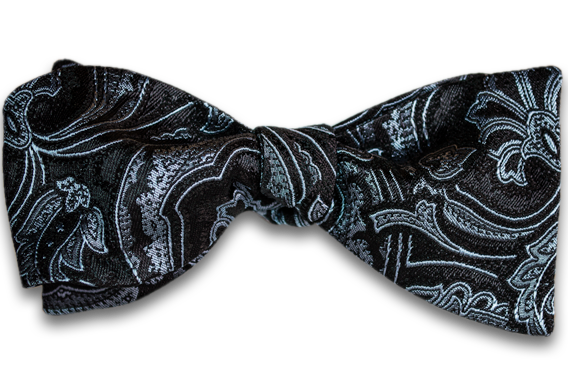 Modica - Black Silk Self Tie Bow Tie with Woven Paisley Pattern in a Light Silver Blue