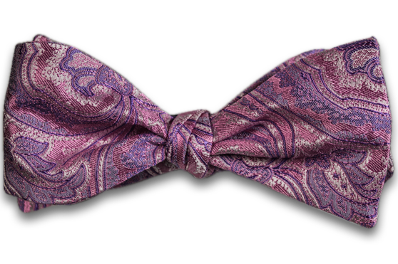 Modica - Pink Silk Self Tie Bow Tie with Pink and Lavender Woven Paisley Pattern