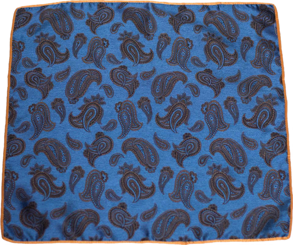 Carlo Franco Silk Pocket Square Woven of Blue with Brown Paisley