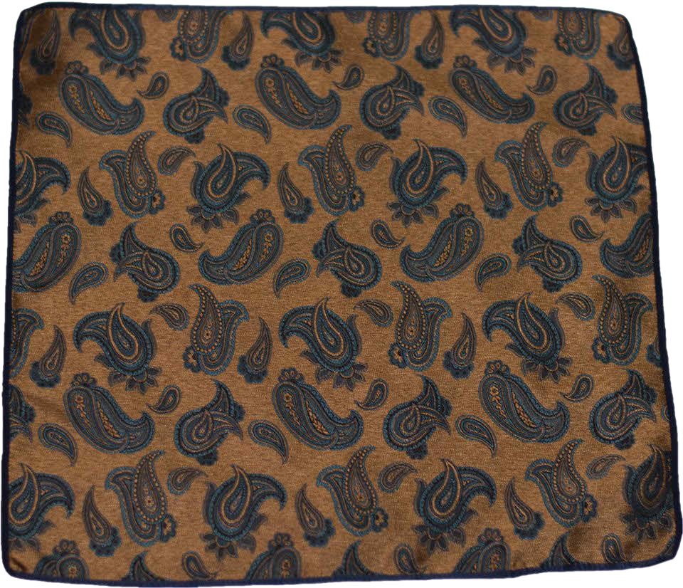 Carlo Franco Silk Pocket Square Woven of Antique Gold with Teal and Black Paisley