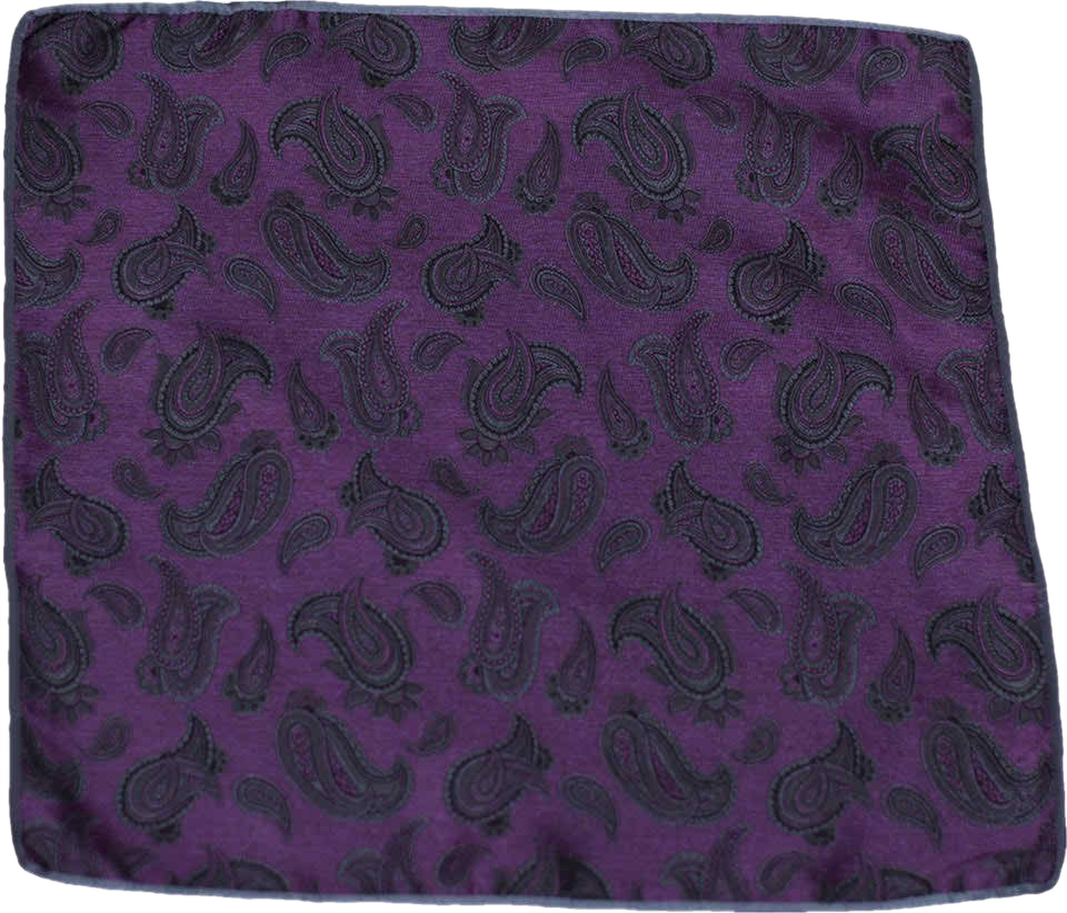 Carlo Franco Silk Pocket Square Woven of Deep Purple with Black and Gray Paisley