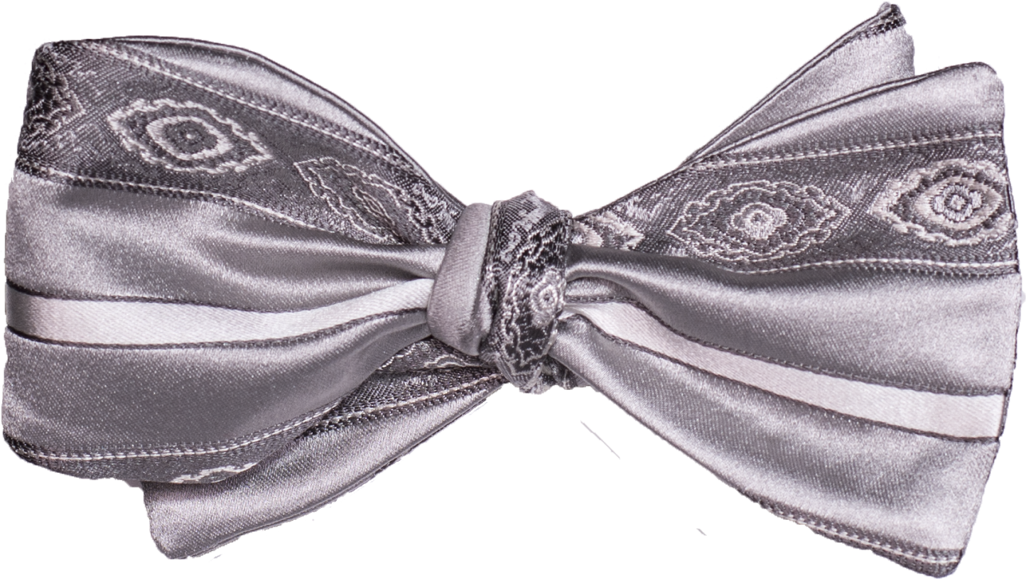 Pozallo Bow Tie - Our most elegant formal tie of silver with gray stripes and medallions.
